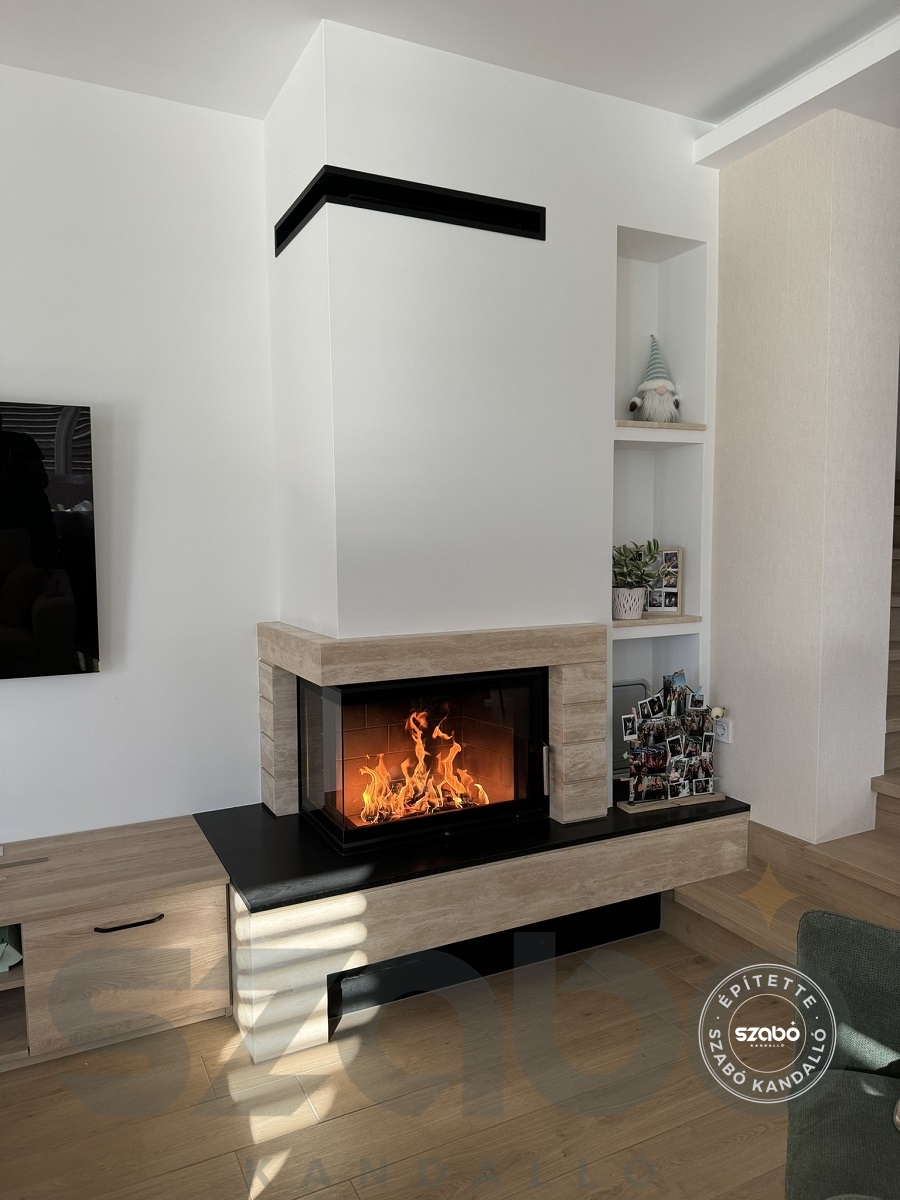 188.d Modern kandalló Kobok Kazeta 2 oldalon üveges tűztérrel, első begyújtás, Szabó Kandalló