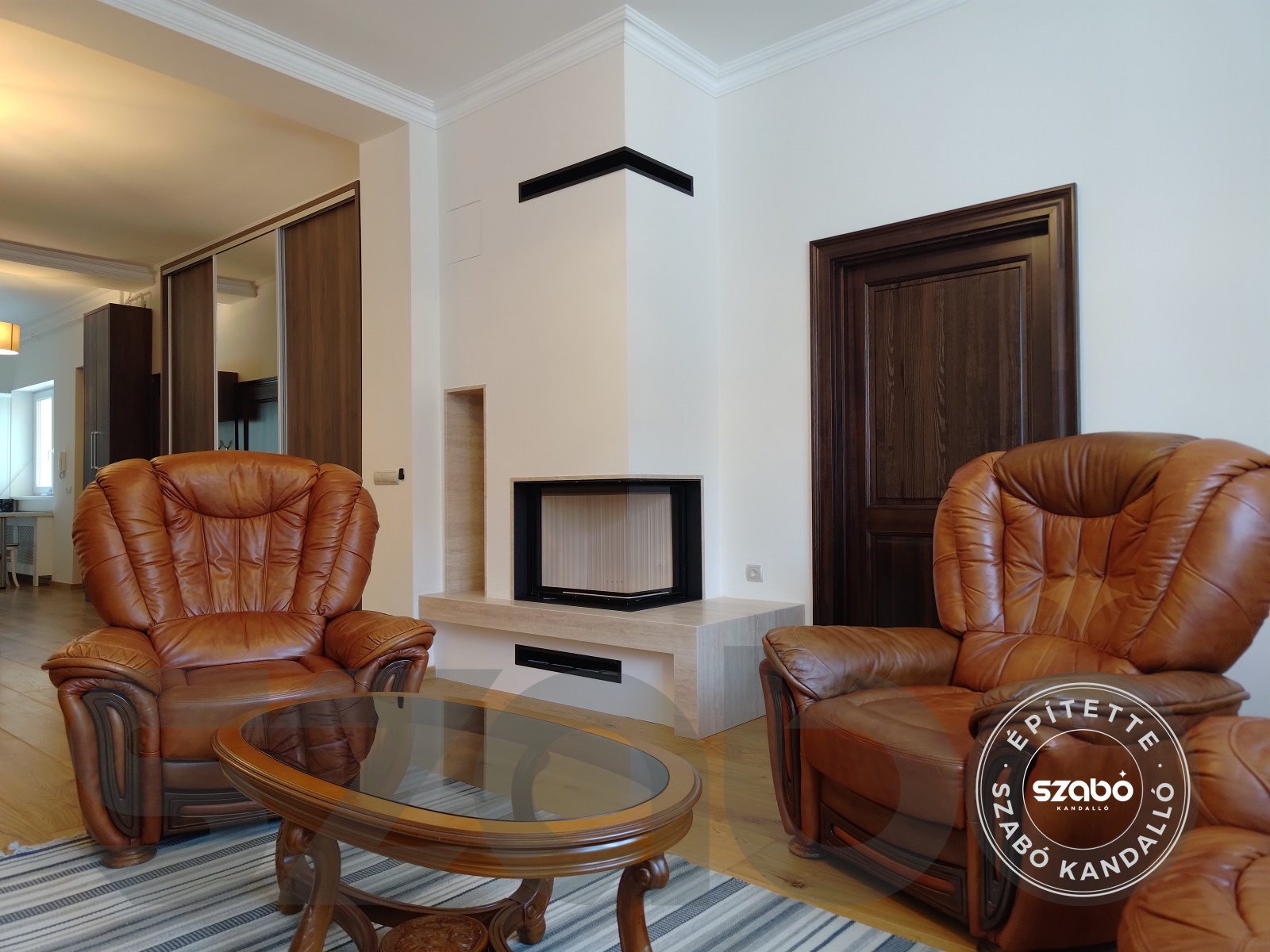 152.d Modern sarokkandalló, BRUNNER 2 oldalon üveges tűztérrel, Szabó Kandalló