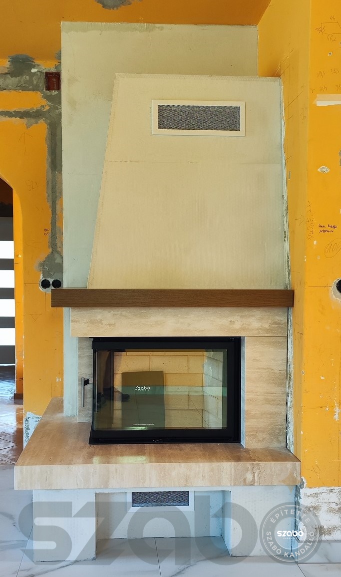 160. Modern sarokkandalló, Kobok 2 oldalon üveges tűztérrel, Szabó Kandalló