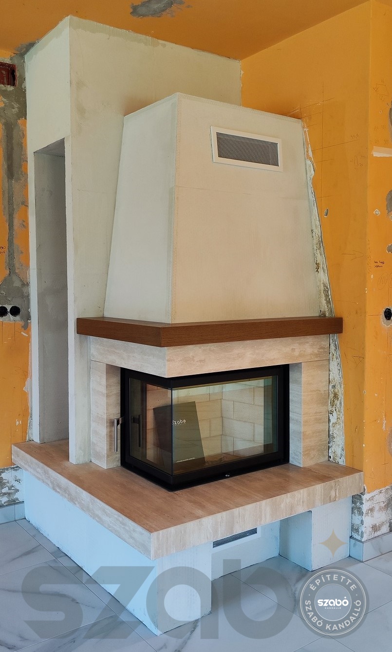 160.a Modern sarokkandalló, Kobok 2 oldalon üveges tűztérrel, Szabó Kandalló