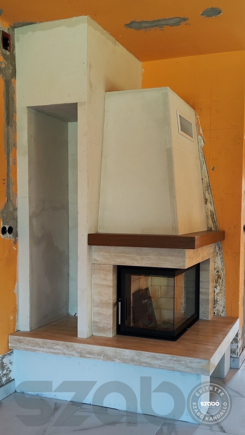 160.b Modern sarokkandalló, Kobok 2 oldalon üveges tűztérrel, Szabó Kandalló