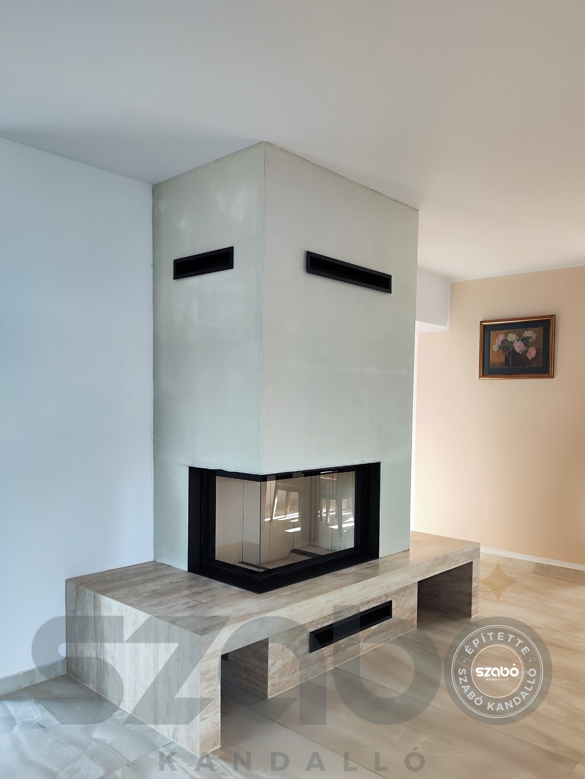 220. Modern kandalló Brunner 5. generációs 2 oldalon üveges tűztérrel, Szabó Kandalló