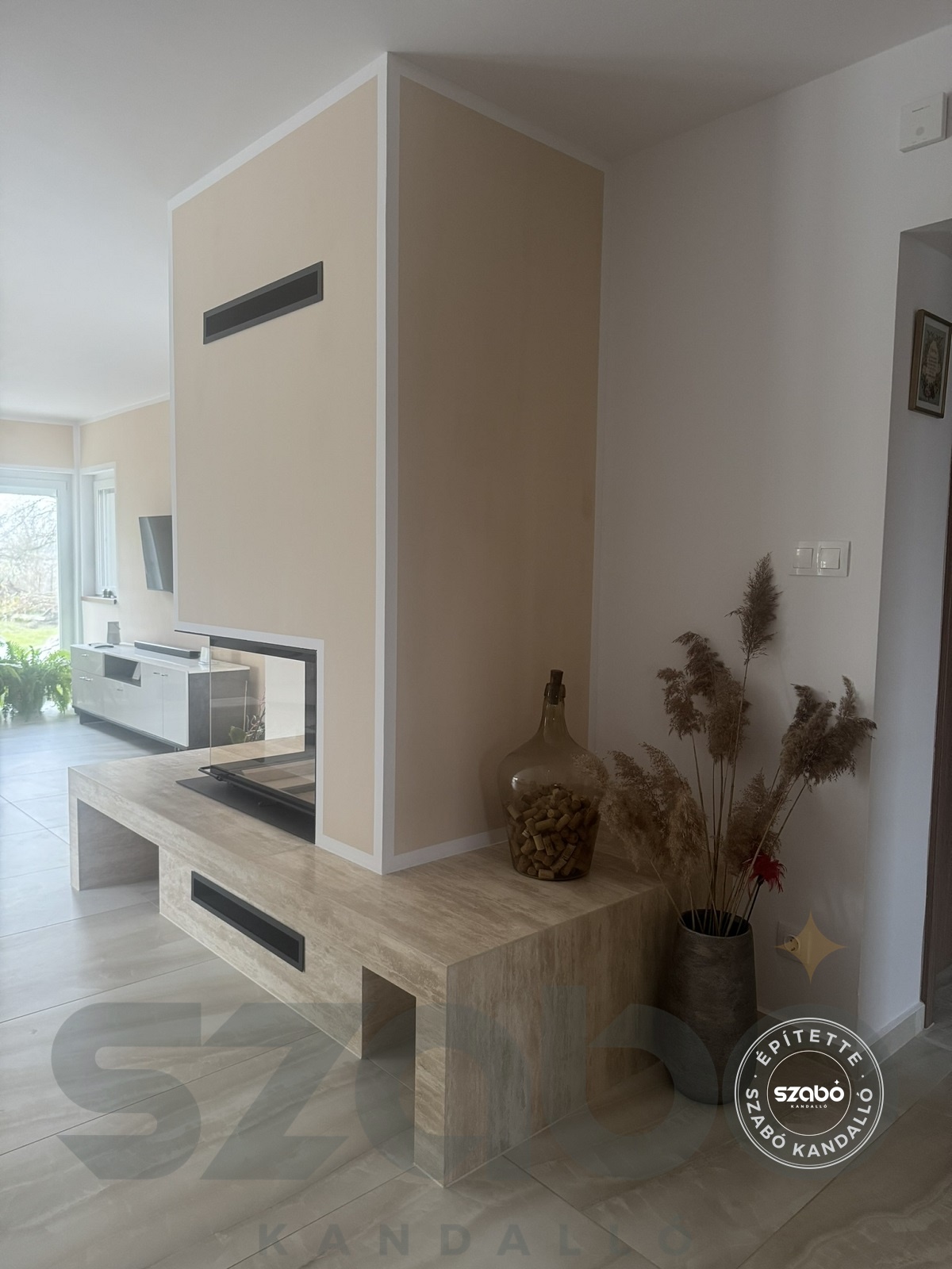 220.b Modern kandalló Brunner 5. generációs 2 oldalon üveges tűztérrel, Szabó Kandalló