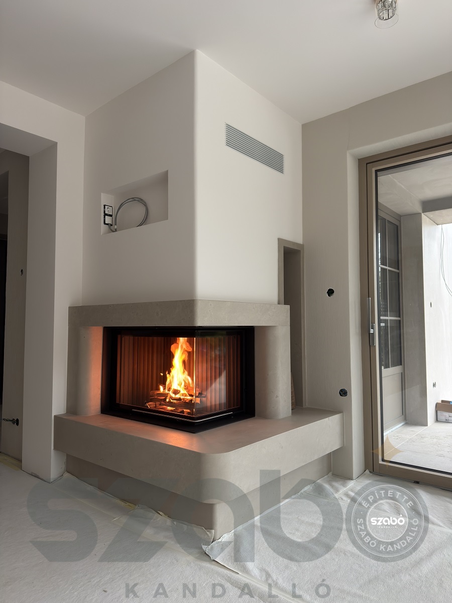 224.a Modern kandalló, Brunner 2 oldalon üveges tűztérrel, első begyújtás, Szabó Kandalló