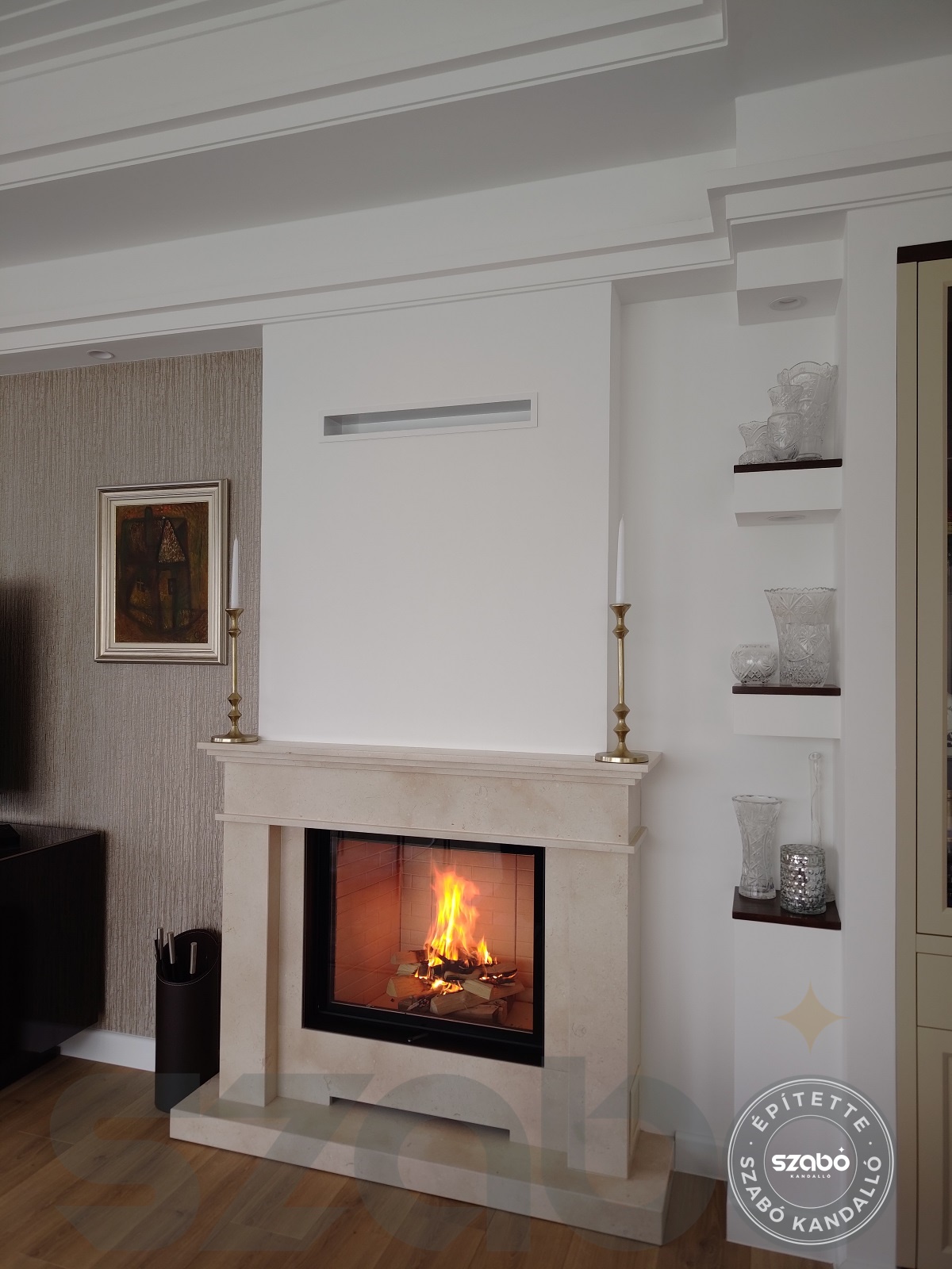 71.e Klasszikus kandalló, BRUNNER STIL KAMIN síküveges tűztérrel, első begyújtás, Szabó Kandalló